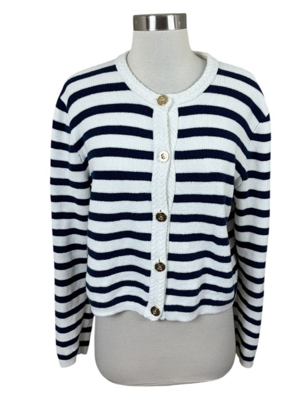 J.Crew Navy Striped Cotton Lady Jacket Cardigan Sweater Small Coastal Preppy
